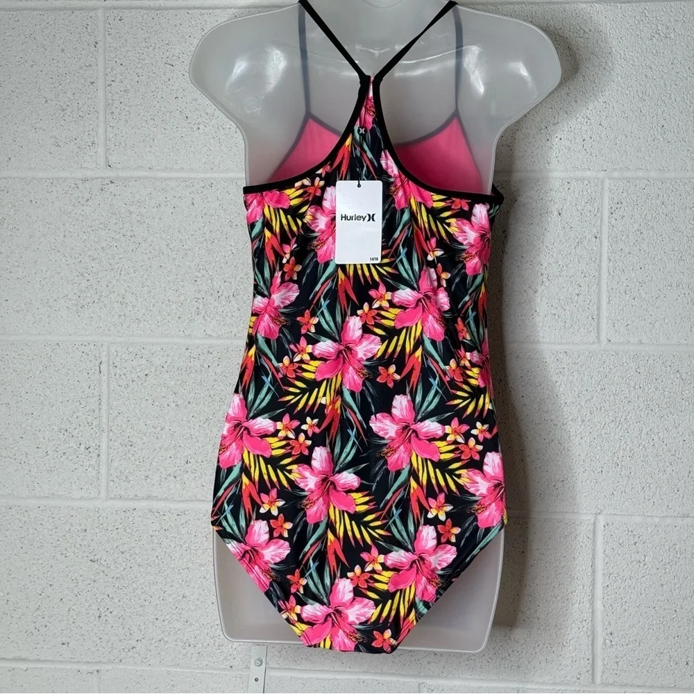 NWT Hurley One Piece Swimwear tropical print kids size 14/16 girls swimsuit